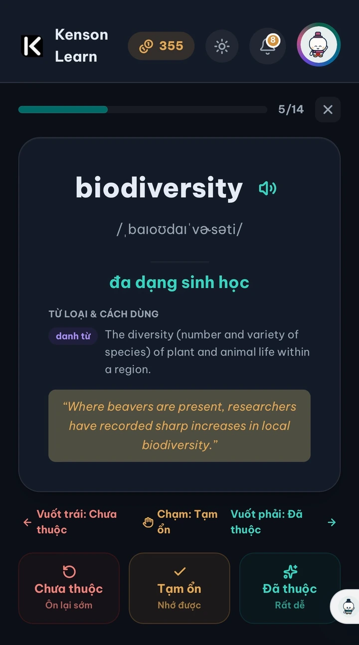 Flashcard trên điện thoại ở nền tối: từ biodiversity kèm phiên âm, nghĩa tiếng Việt, từ loại và một câu ví dụ.