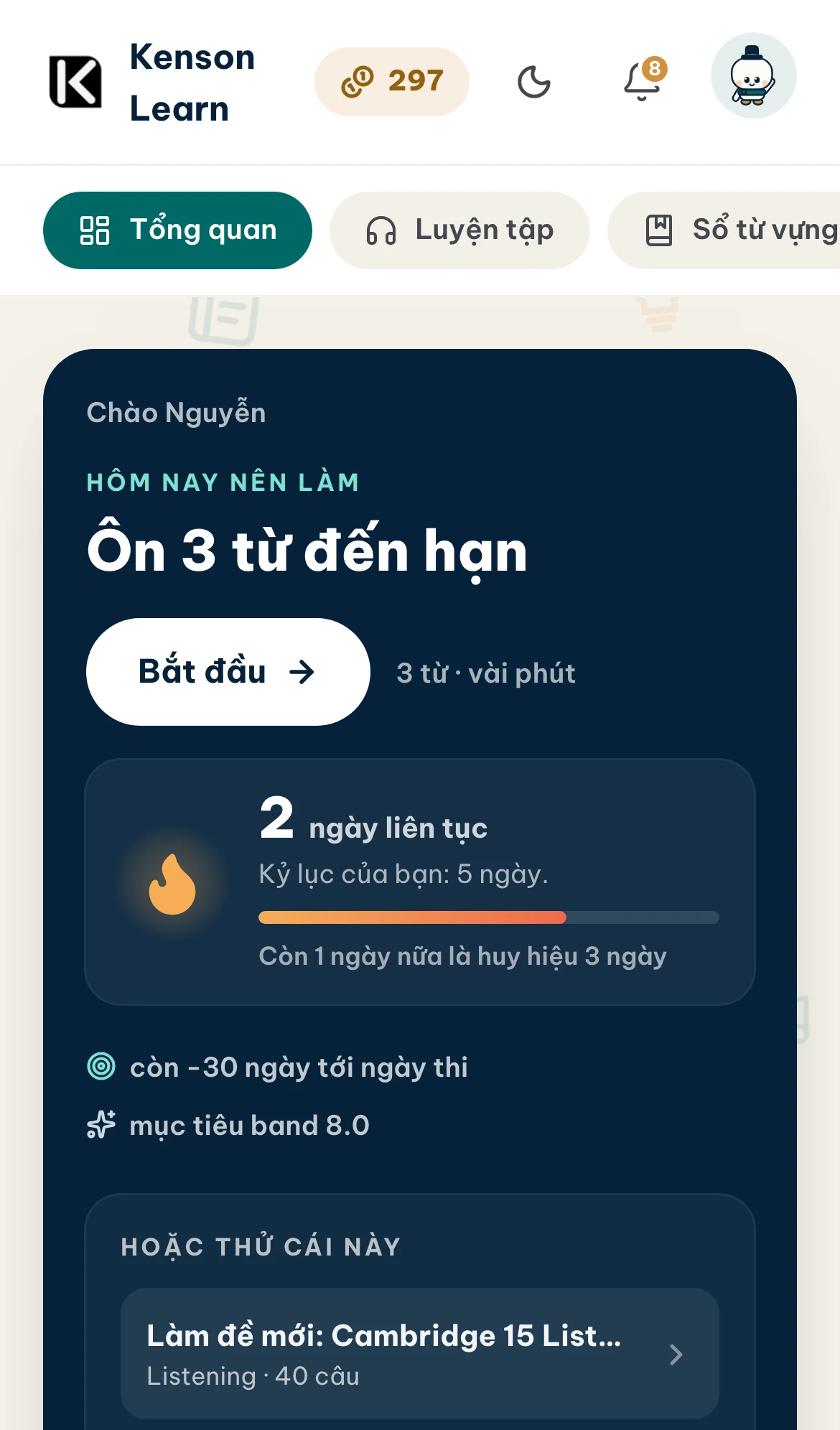 Cùng trang Tổng quan đó trên điện thoại, với thanh chuyển mục nằm ngang và thẻ việc nên làm hôm nay.